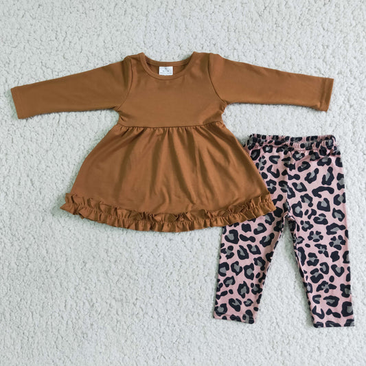 Brown Solid Color Match Leopard Print Pants Set