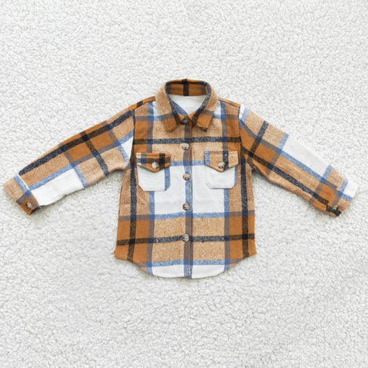 BT0189 Brown Plaid Boys Long Sleeve Top Winter Collar T-Shirts