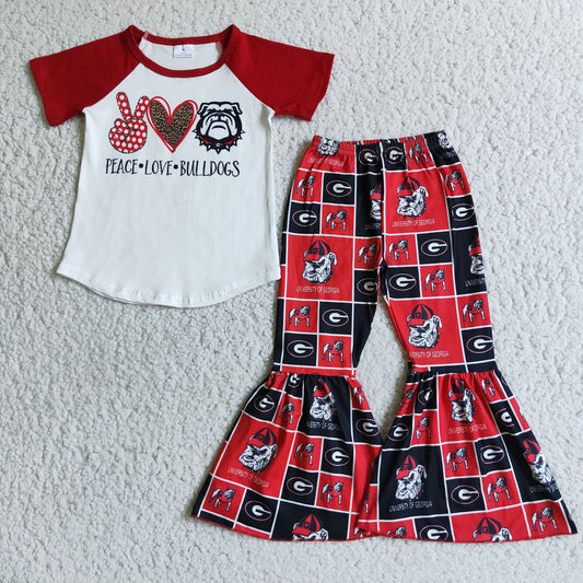 A1-24 Red Peace Love Football Team Dog Girls Short Sleeve Bell Bottom Pants Outfits