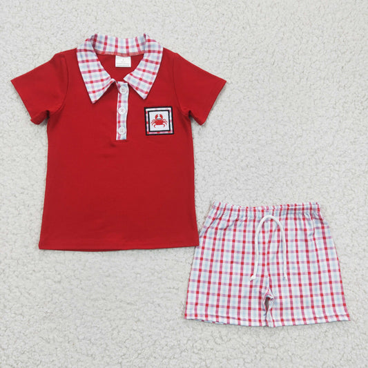 BSSO0106 Red Plaid Crab Craywish Embroidery Collar Boys Short Sleeve Shorts Outfits