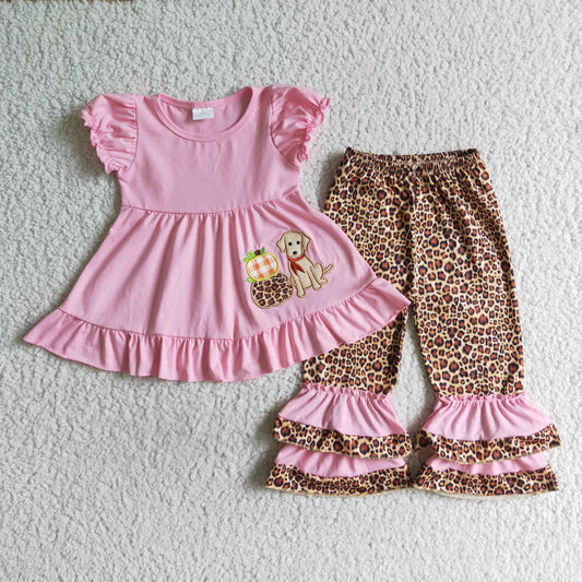 GSPO0135 Halloween Pink Pumpkin Dog Leopard Embroidery Tunic Ruffles Girls Short Sleeve Bell Bottom Pants Outfits