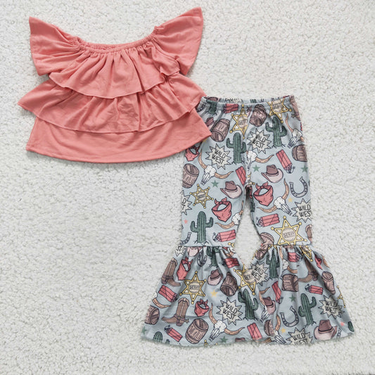 GSPO0293 Pink Cactus Highland Cow Cowboy Western Wild West Ruffles Girls Short Sleeve Bell Bottom Pants Outfits