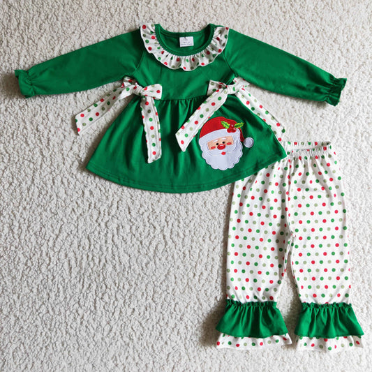 GLP0163 Christmas Santa Red Green Dots Embroidery Tunic Girls Long Sleeve Pants Outfits