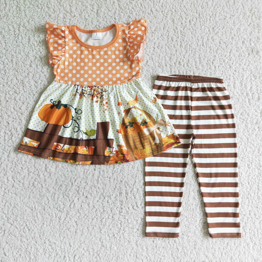 GSPO0173 Halloween Orange Pumpkin Dots Stripes Tunic Girls Short Sleeve Pants Outfits