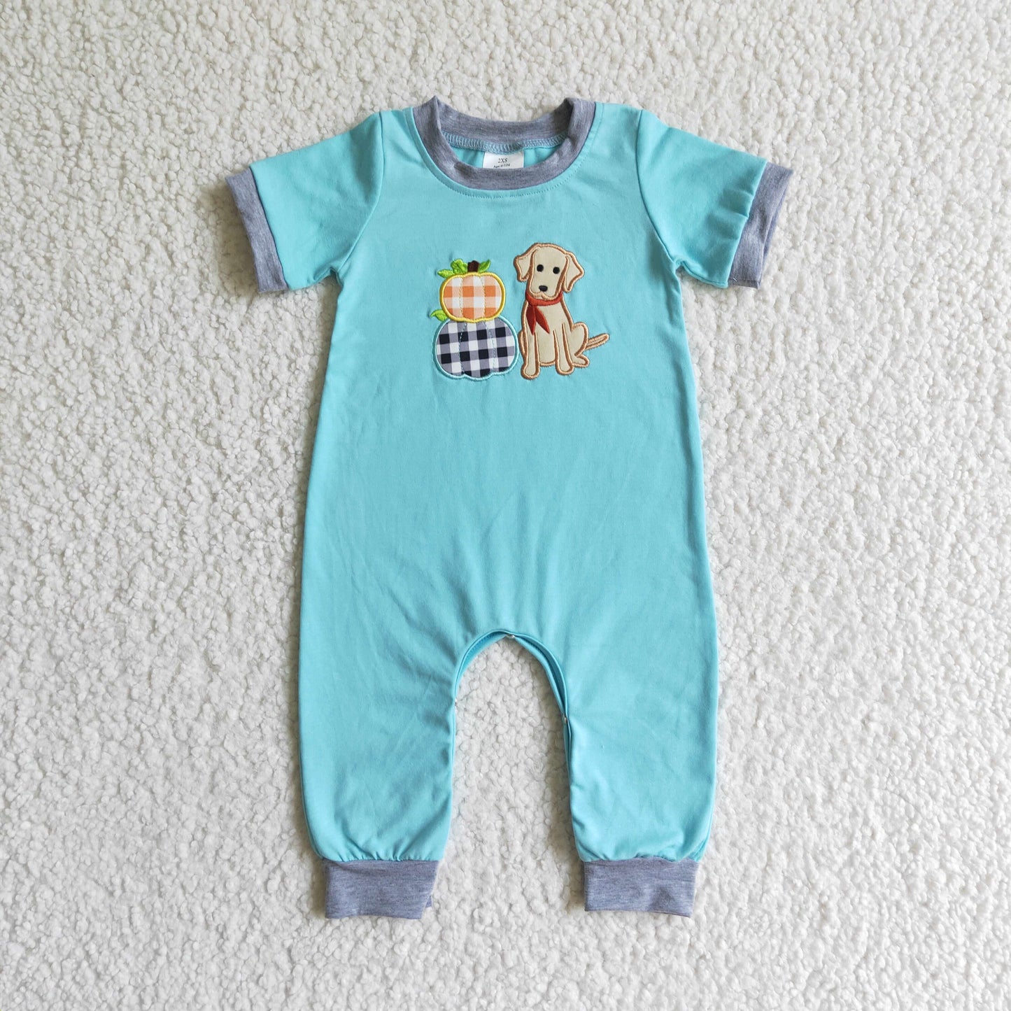 SR0069 Halloween Blue Pumpkin Dog Plaid Embroidery Girls Short Sleeve Romper