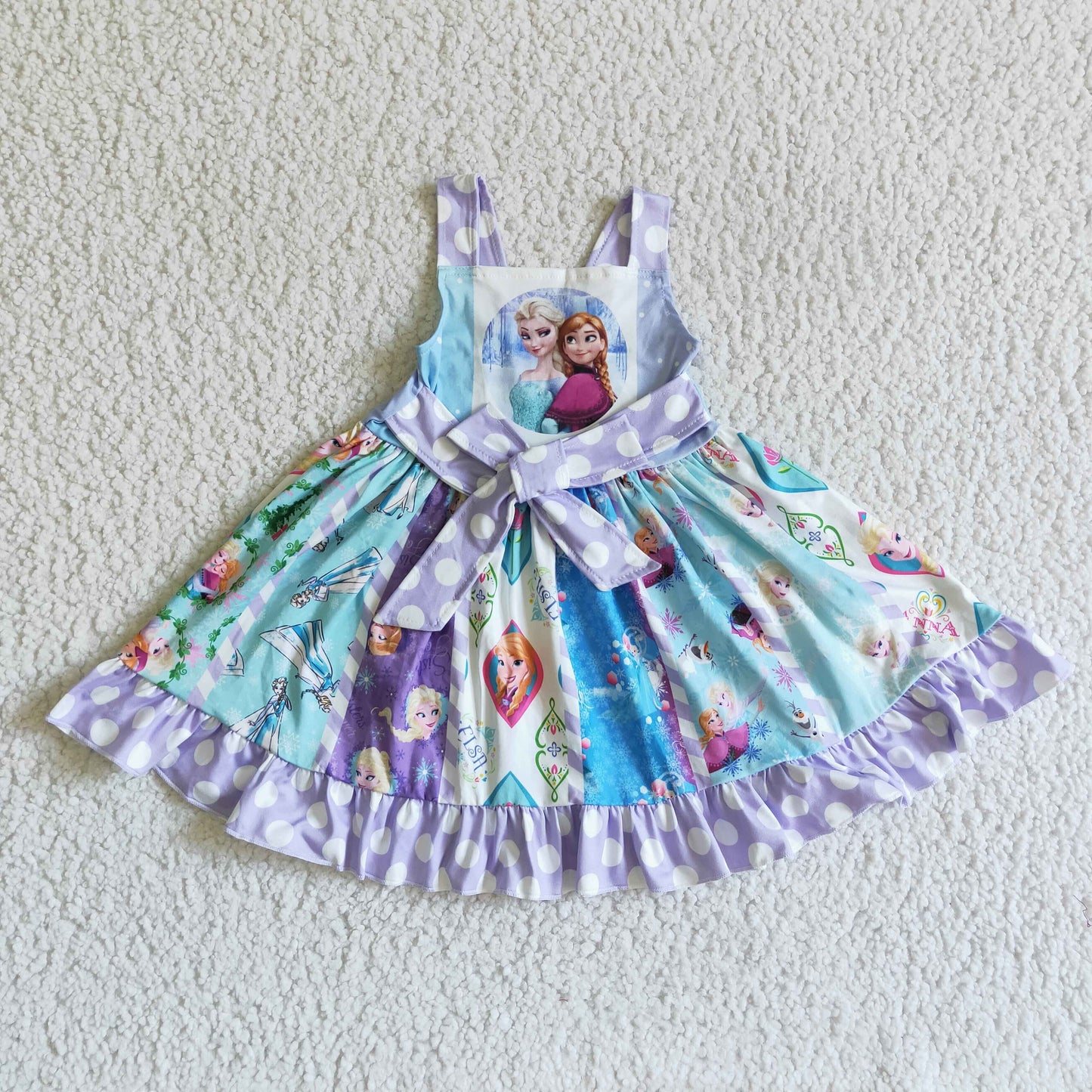 C3-16 Blue Purple Dots Princess Cartoon Belt Patchwork Girls Sleeveless Dresses 202506 RTS