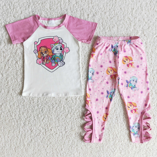 promotion RTS E6-29 Pink Dog Cartoon Girls Short Sleeve Bell Bottom Pants Outfits
