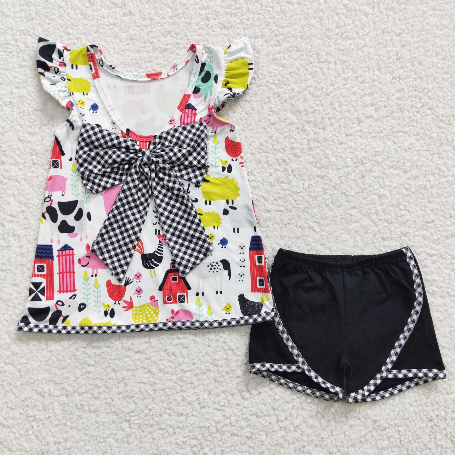 B11-4 Farm Print Black Bow Girls Short Sleeve Shorts Outfits