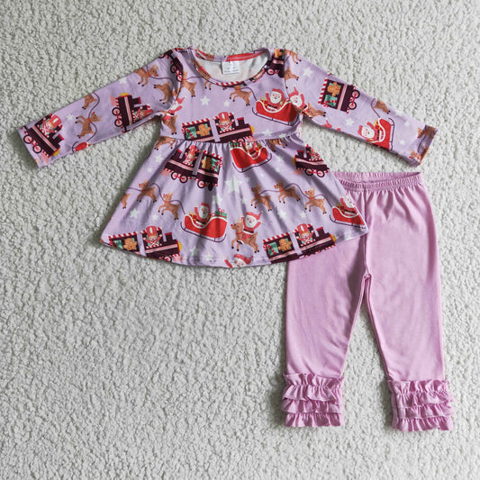 GLP0098 Christmas Pink Santa Deer Cartoon Tunic Girls Long Sleeve Pants Outfits