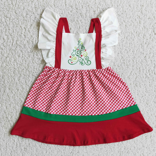 Promotion RTS E3-19 Christmas Tree Red Baby Girls Short Sleeve Dresses