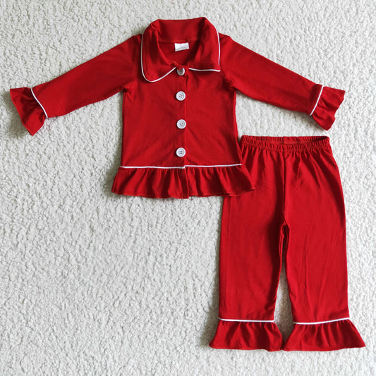 GLP0101 Christmas  Red  Print Collar Girls Long Sleeve Pants Outfits Pajamas