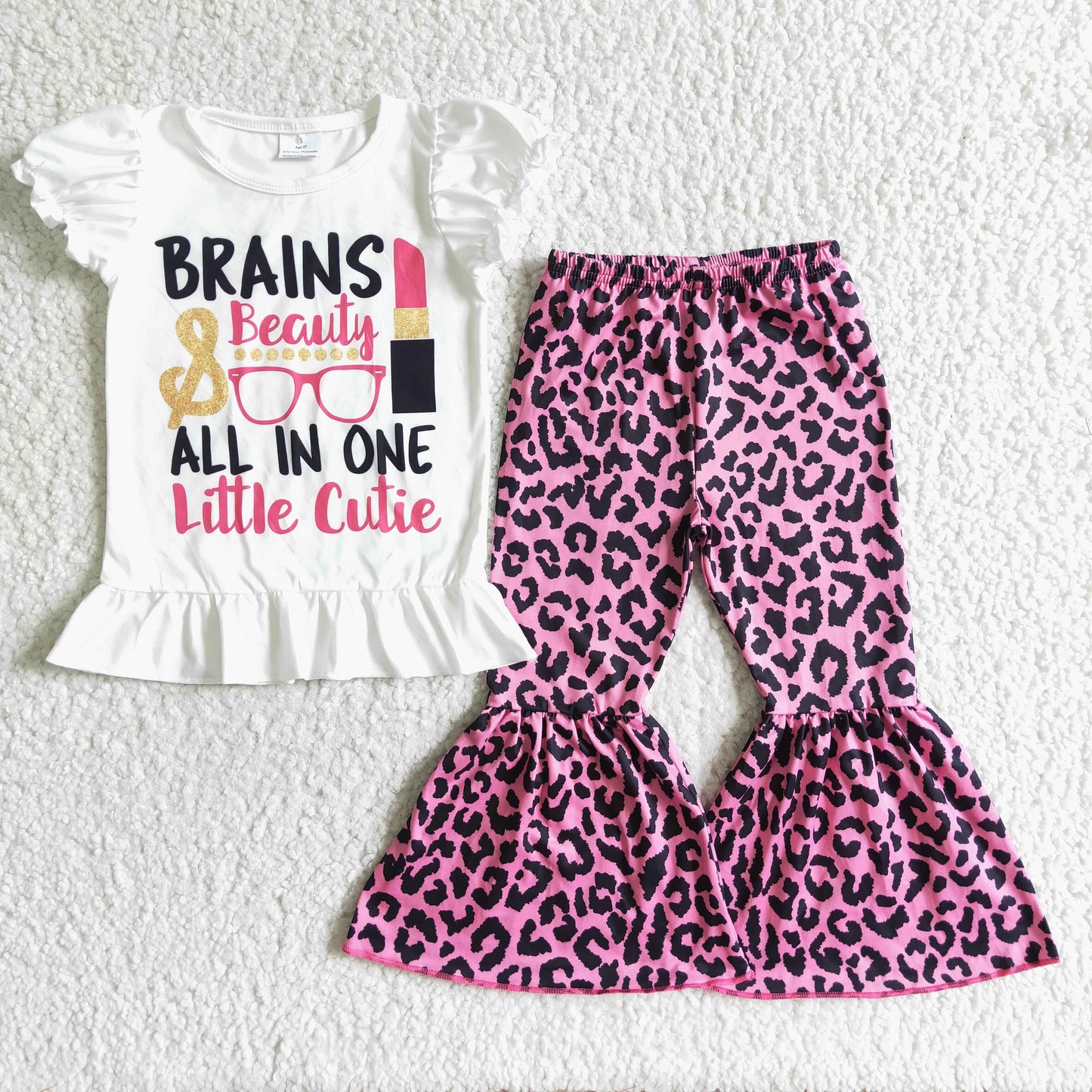 GSPO0079 Pink Beauty Cutie Leopard Girls Short Sleeve Bell Bottom Pants Outfits