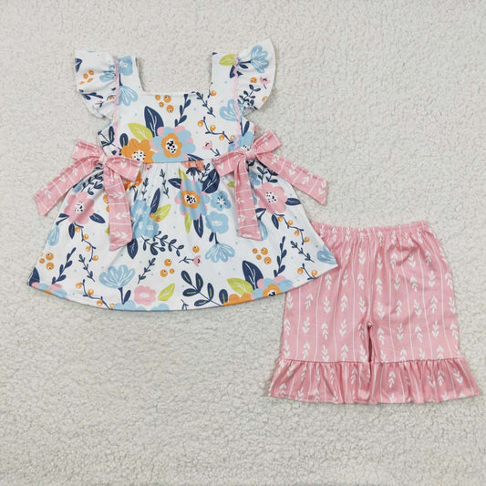 GSSO0241  Pink Blue Floral Girls Short Sleeve Shorts Outfits