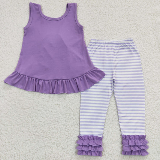 GSPO0506 Purple Stripes Bow Girls Short Sleeve Bell Bottom Pants Outfits