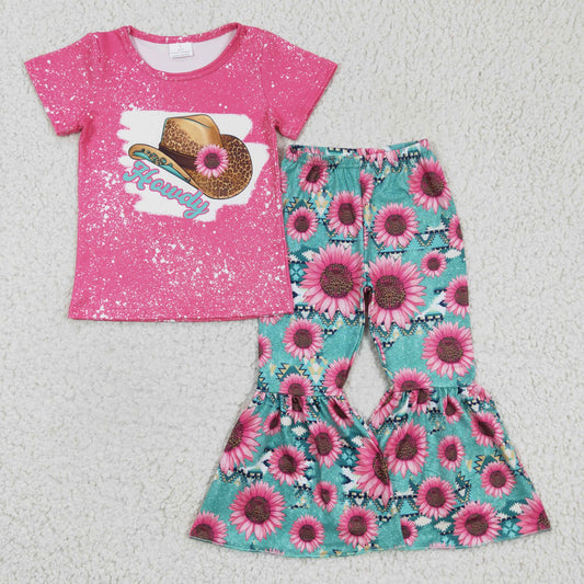 promotion RTS GSPO0232 Pink Green Sunflower Hat Howdy Cowboy Western Girls Short Sleeve Bell Bottom Pants Outfits