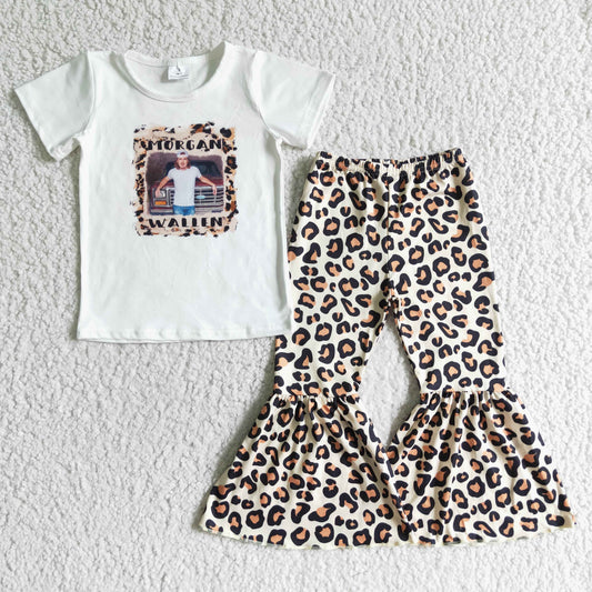 B10-24 Leopard Fashion Singer Girls Short Sleeve Bell Bottom Pants Outfits