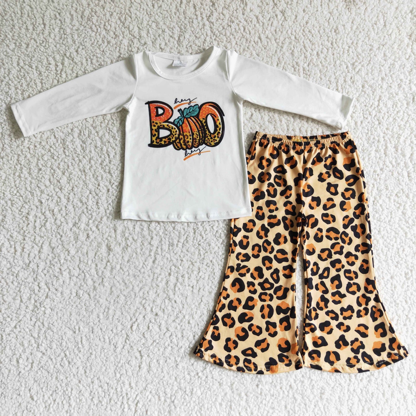 Promotion RTS GLP0060 Halloween Pumpkin Leopard Girls Long Sleeve Bell Bottom Pants Outfits