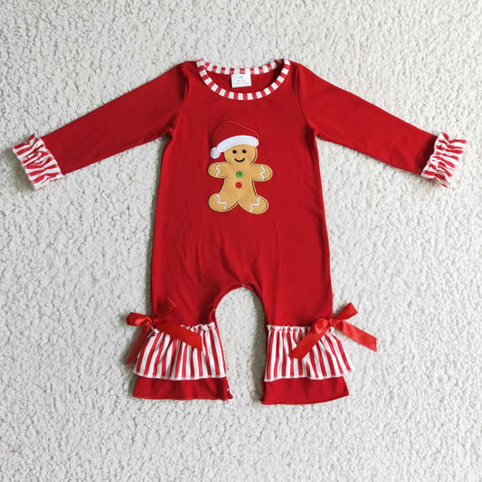 LR0196 Christmas Red Stripes Santa Gingerbread Cake Cookies Embroidery Girls Long Sleeve Romper
