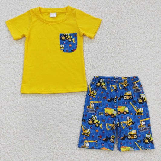 promotion RTS BSSO0183 Yellow Blue Cat Truck Pocket Boys Short Sleeve Shorts Outfits