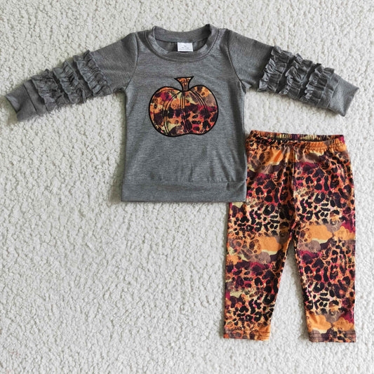 GLP0210 Halloween Pumpkin Grey Leopard Ruffles Embroidery Girls Long Sleeve Pants Outfits