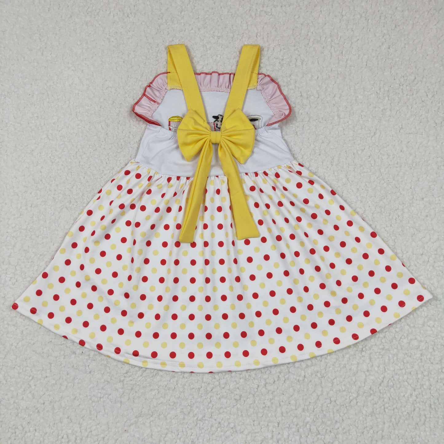 GSD0203 Yellow Red Cow Cartoon Food Embroidery Girls Short Sleeve Dresses