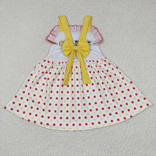 GSD0203 Yellow Red Cow Cartoon Food Embroidery Girls Short Sleeve Dresses