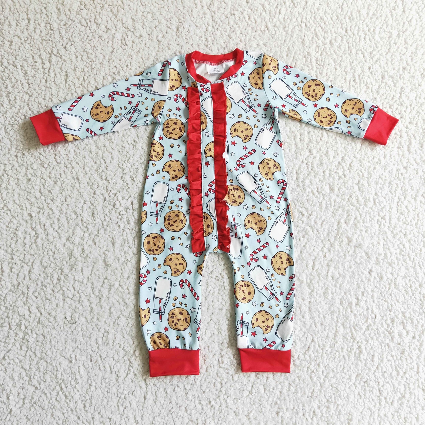 LR0185 Christmas Red Blue Santa Milk Cake Cookies Ruffles Girls Long Sleeve Romper