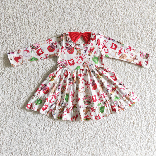 GLD0140 Christmas Red Green Gingerbread Cake Candy M Cartoon Girls Long Sleeve Dresses