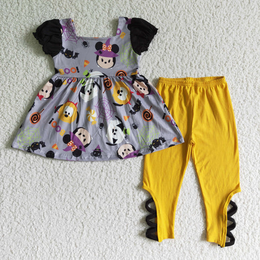 GSPO0157 Halloween Purple Yellow Mouse Cartoon Girls Short Sleeve Pants Outfits