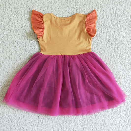 GSD0127 Red Orange Tulle Tutu Girls Short Sleeve Dresses