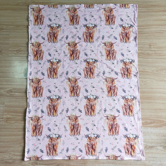 BL0016 Pink Floral Highland Cows Print Blanket