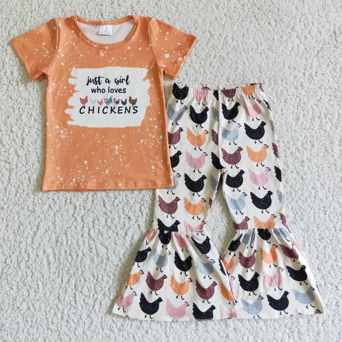 A2-9 Farm Chickens Orange Girls Short Sleeve Bell Bottom Pants Outfits