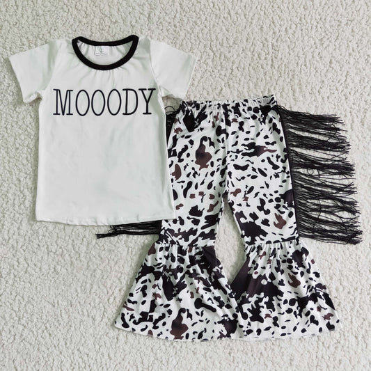 GSPO0160 Mooody Black White Cow Print Tassel Girls Short Sleeve Bell Bottom Pants Outfits