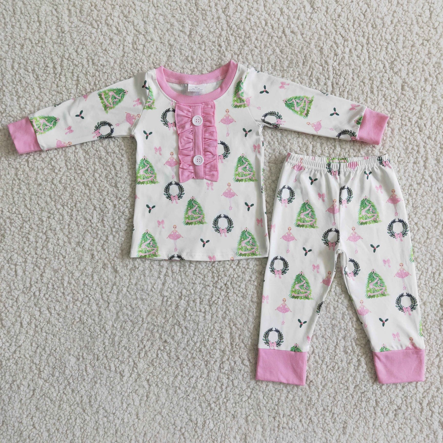 Clearance 6 A16-27 Pink Christmas Tree Girls Long Sleeve Bell Bottom Pants Outfits Pajamas
