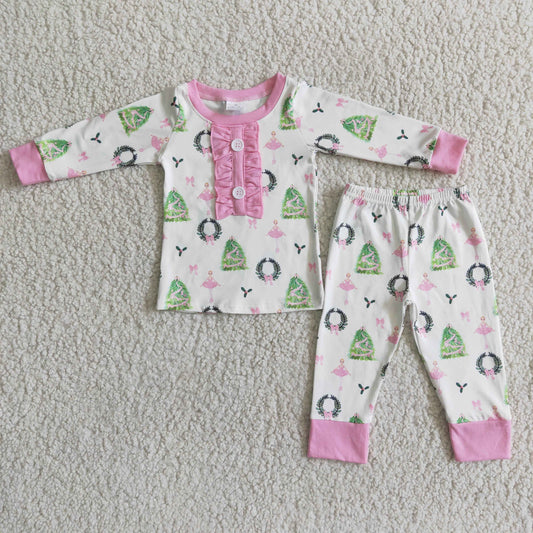 Clearance 6 A16-27 Pink Christmas Tree Girls Long Sleeve Bell Bottom Pants Outfits  Pajamas