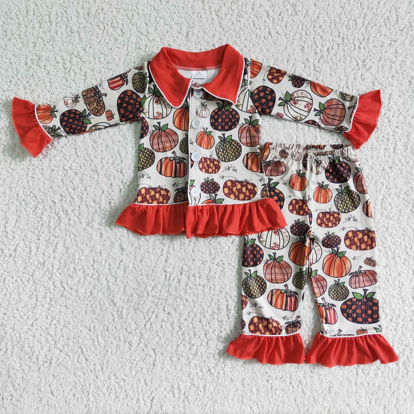 GLP0047 Halloween Pumpkin Red Pocket Collar Girls Long Sleeve Pajamas