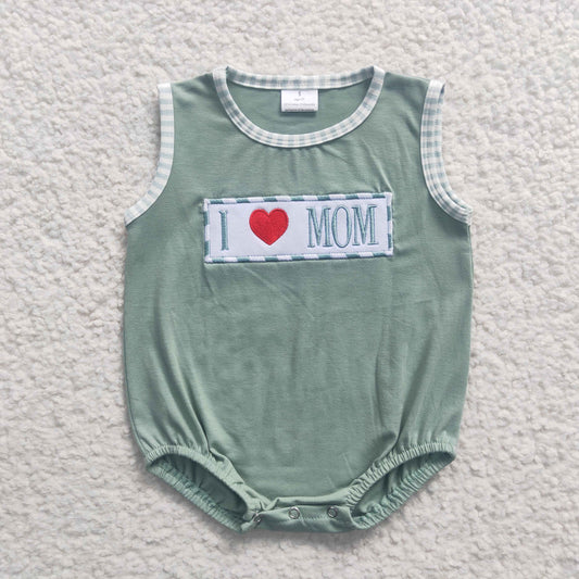SR0238 Green Plaid I Love Mom Embroidery Boys Short Sleeve Romper