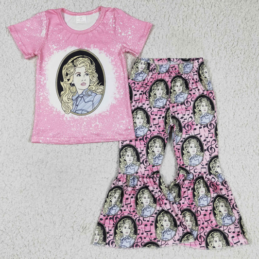 GSPO0322 Pink Music Singer Girls Short Sleeve Bell Bottom Pants Outfits