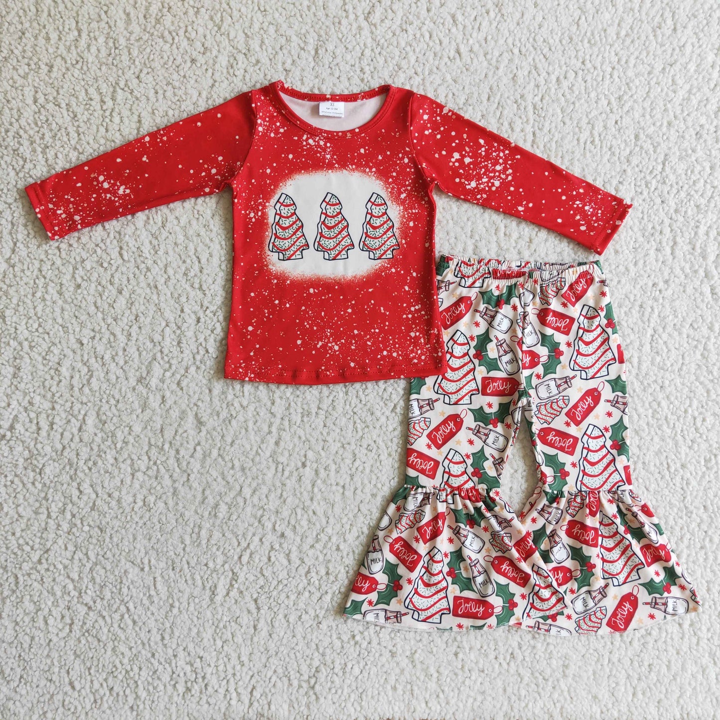 GLP0272 Christmas Red Bleach Tree Season Green Milk Jolly Girls Long Sleeve Bell Bottom Pants Outfits