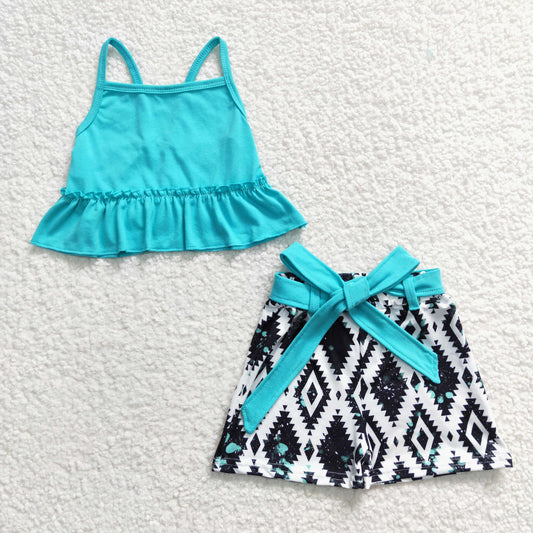 GSSO0201 Green Blue Western Bow Girls Sleeveless Shorts Outfits