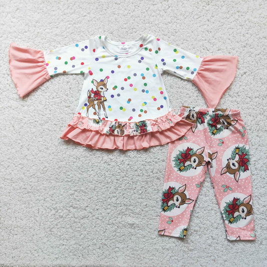 promotion RTS 6 A1-19 Christmas Deer Print Tunic Girls Long Sleeve Pants Outfits