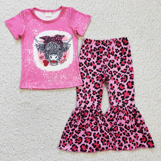 GSPO0334 Valentine Love Highland Cow Leopard Girls Short Sleeve Bell Bottom Pants Outfits