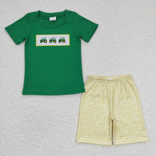 promotion RTS BSSO0126 Green Yellow Plaid Truck Car Embroidery Boys Short Sleeve Shorts Outfits