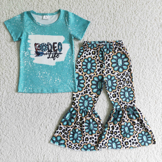 GSPO0093 Blue Leopard Rodeo Life Girls Short Sleeve Bell Bottom Pants Outfits