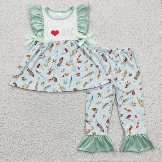 GSPO0382 Valentine I Love Dad Green Fish Girls Short Sleeve Bell Bottom Pants Outfits