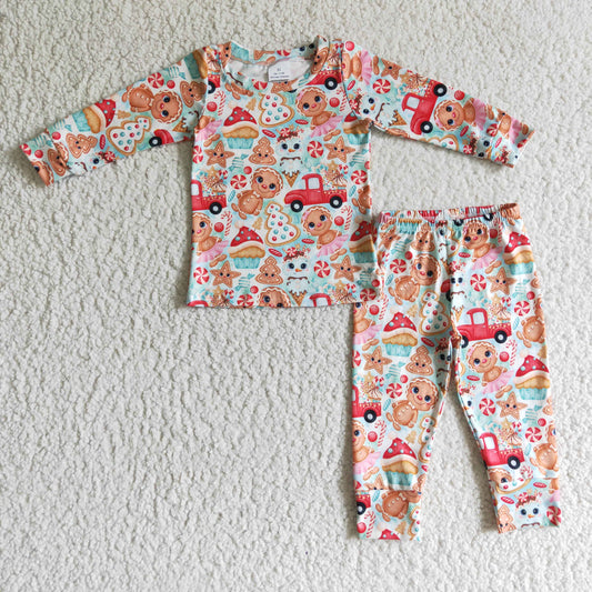 BLP0092 Christmas Red Car Gingerbread Cartoon Cake Boys Long Sleeve Pants Outfits Pajamas