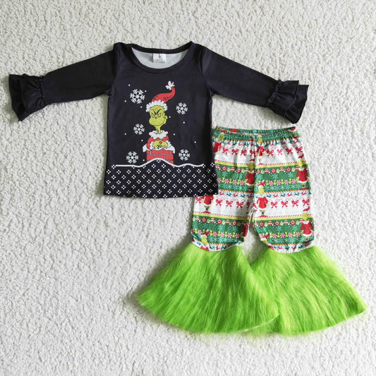 GLP0152 Christmas Red Green Cartoon Santa Black Tutu Tulle Girls Long Sleeve Bell Bottom Pants Outfits