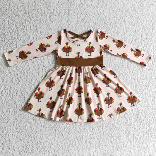 promotion RTS 6 C10-19 Thanksgiving Turkey Brown Girls Long Sleebe Dresses