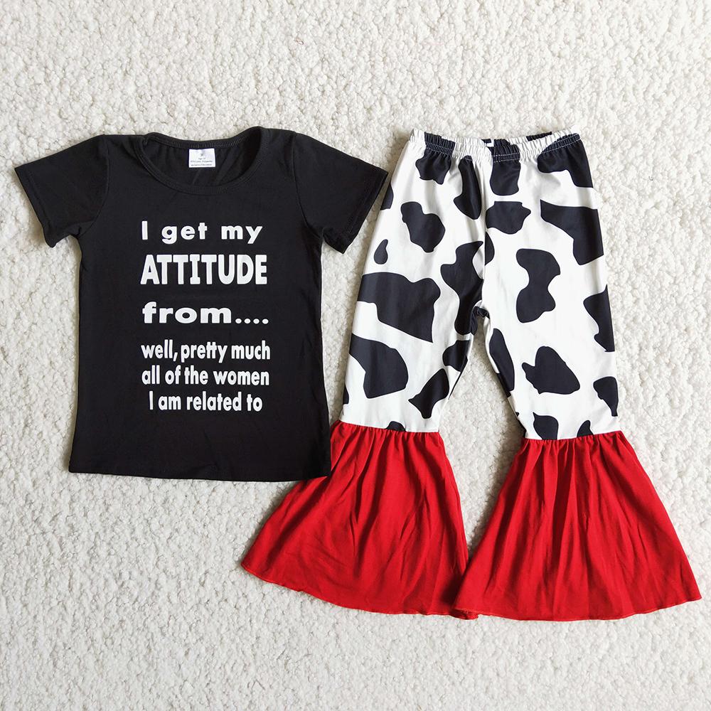 promotion RTS D12-20 I Got My Attitude From... Black Red Cow Print Girls Short Sleeve Bell Bottom Pants Outfits