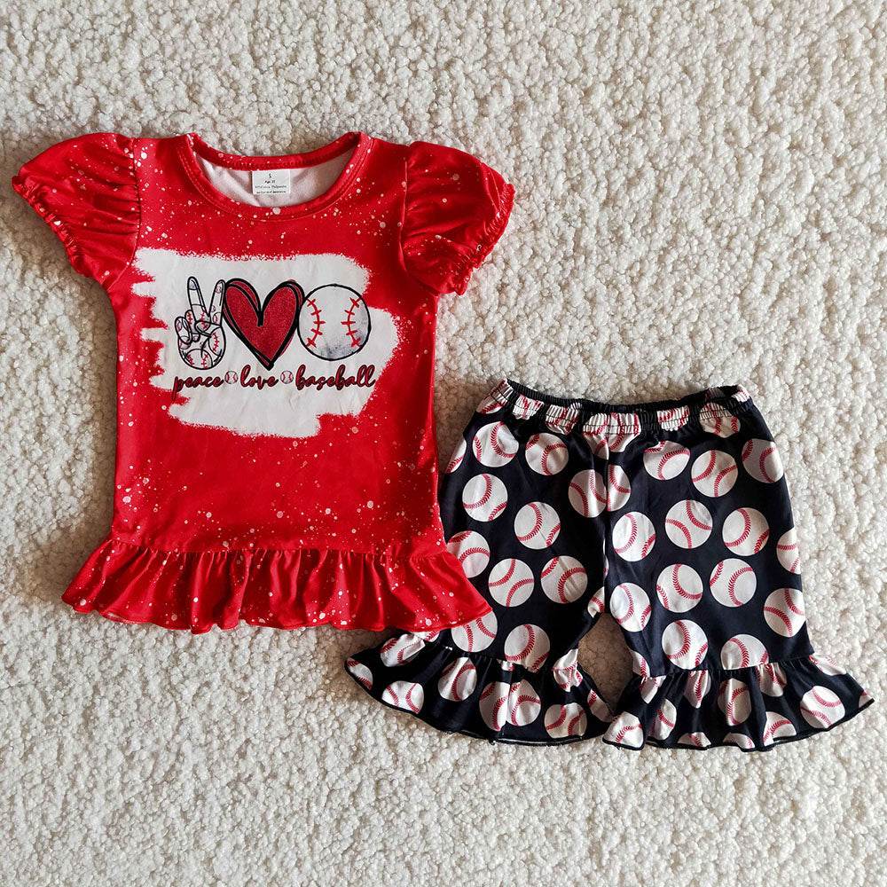 promotion RTS B10-3 Red Peace Love Baseball Ball Girls Short Sleeve Shorts Outfits